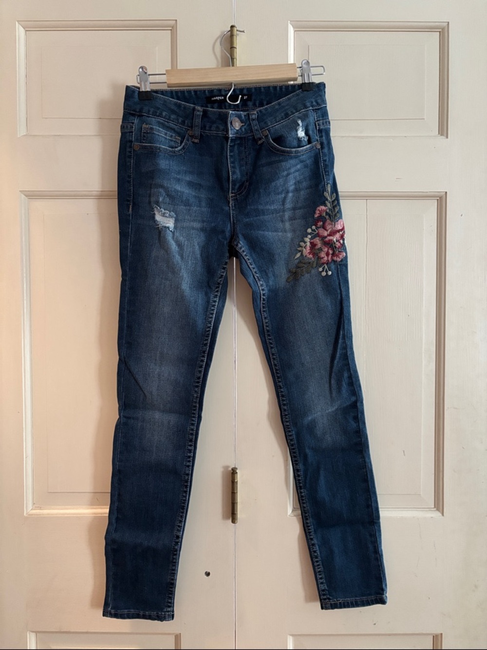 Harper Navy Skinny Jeans with Pink Floral Patch